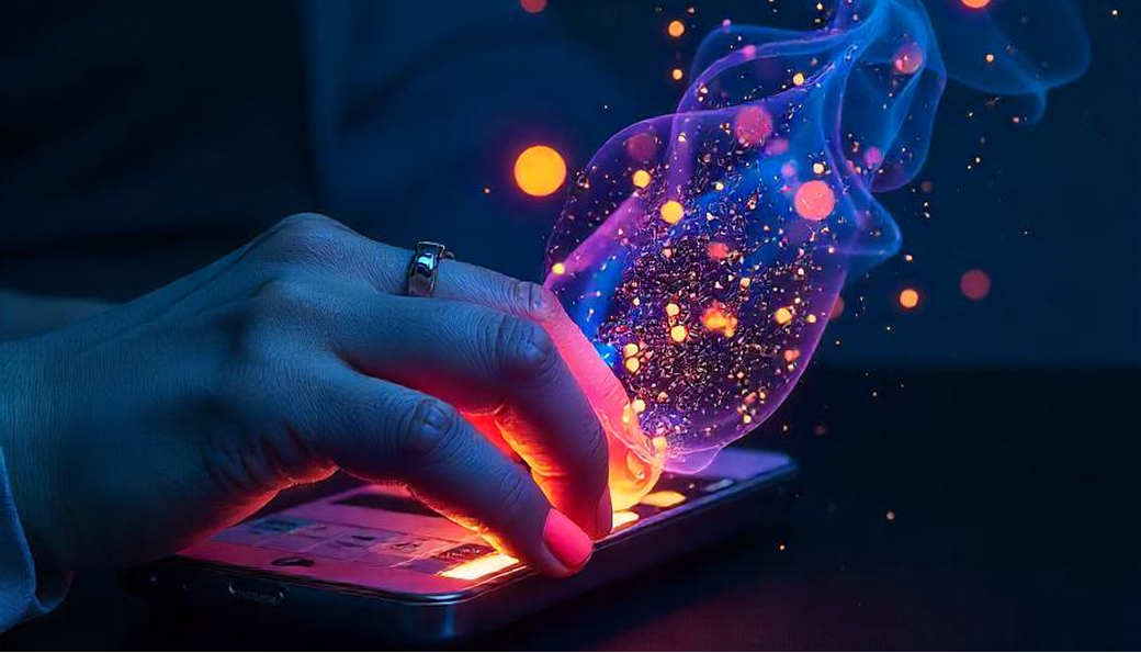 Digital transformation visualization with hand and glowing particles